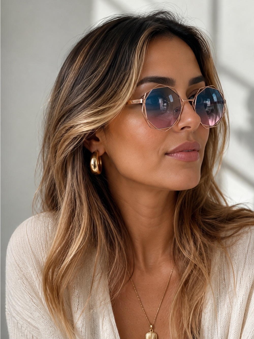 Rose Gold Geometric Oversized Sunglasses Pink Blue Gradient Lens